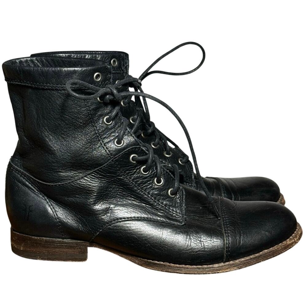 Frye Erin Black Leather Lace Up Combat Boots Cap Toe Womens 6.5 B 71271
